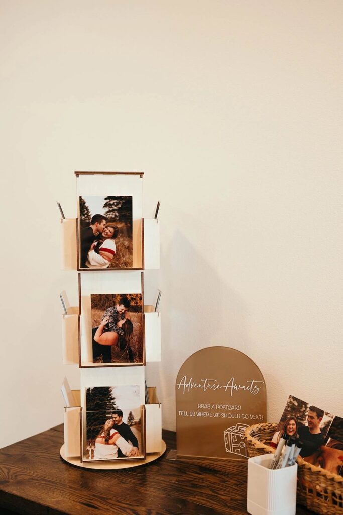 Wedding reception cards for guests to fill out, custom post cards of the clients pictures.