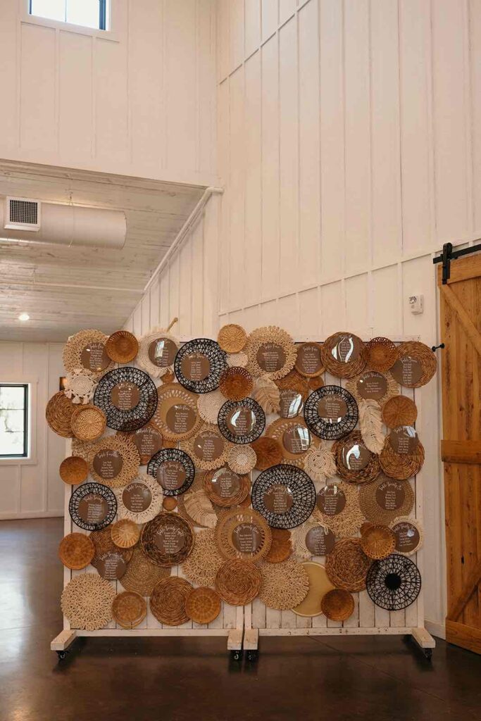 Custom rattan seating cart of white rustic white walls at Pines White.