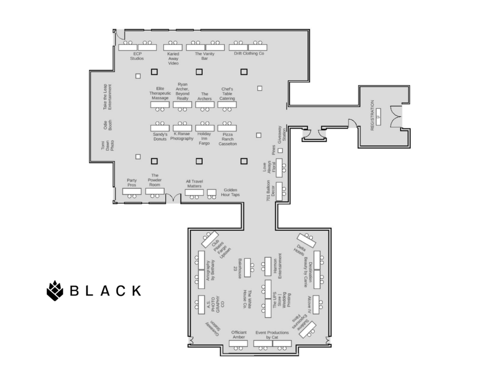 Floor plan of the Black section at the Pines Weddings & Events Expo, showing the layout of vendor booths, including Party Pros, Sandy's Donuts, The Vanity Bar, and Golden Hour Taps, along with the registration area.
