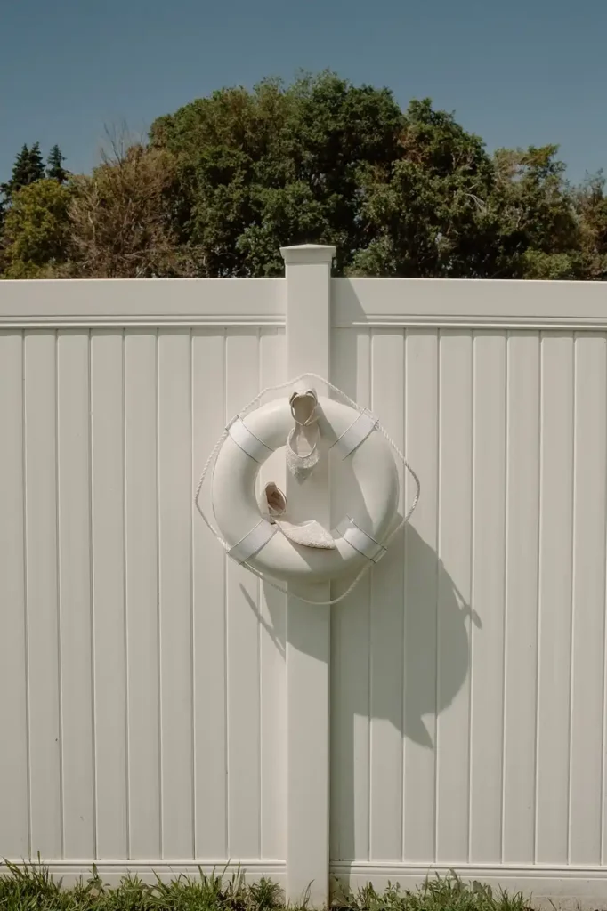 Creative wedding photo of bride’s shoes placed on a white life preserver by the pool